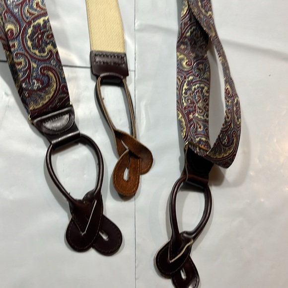 Paisley brown silk Suspenders blue burgundy cream Leather button strap Braces OS - Picture 7 of 9